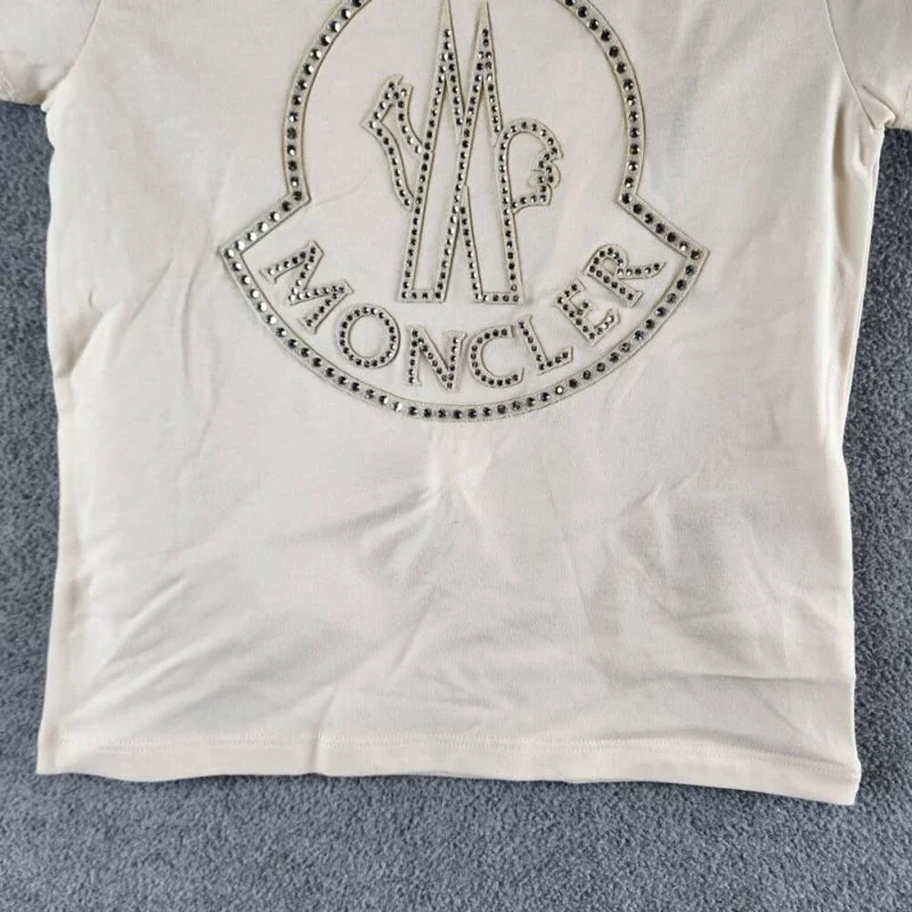 Moncler Logo Studded Graphic T-Shirt Girls 4A Cream Short Sleeve Crew Neck